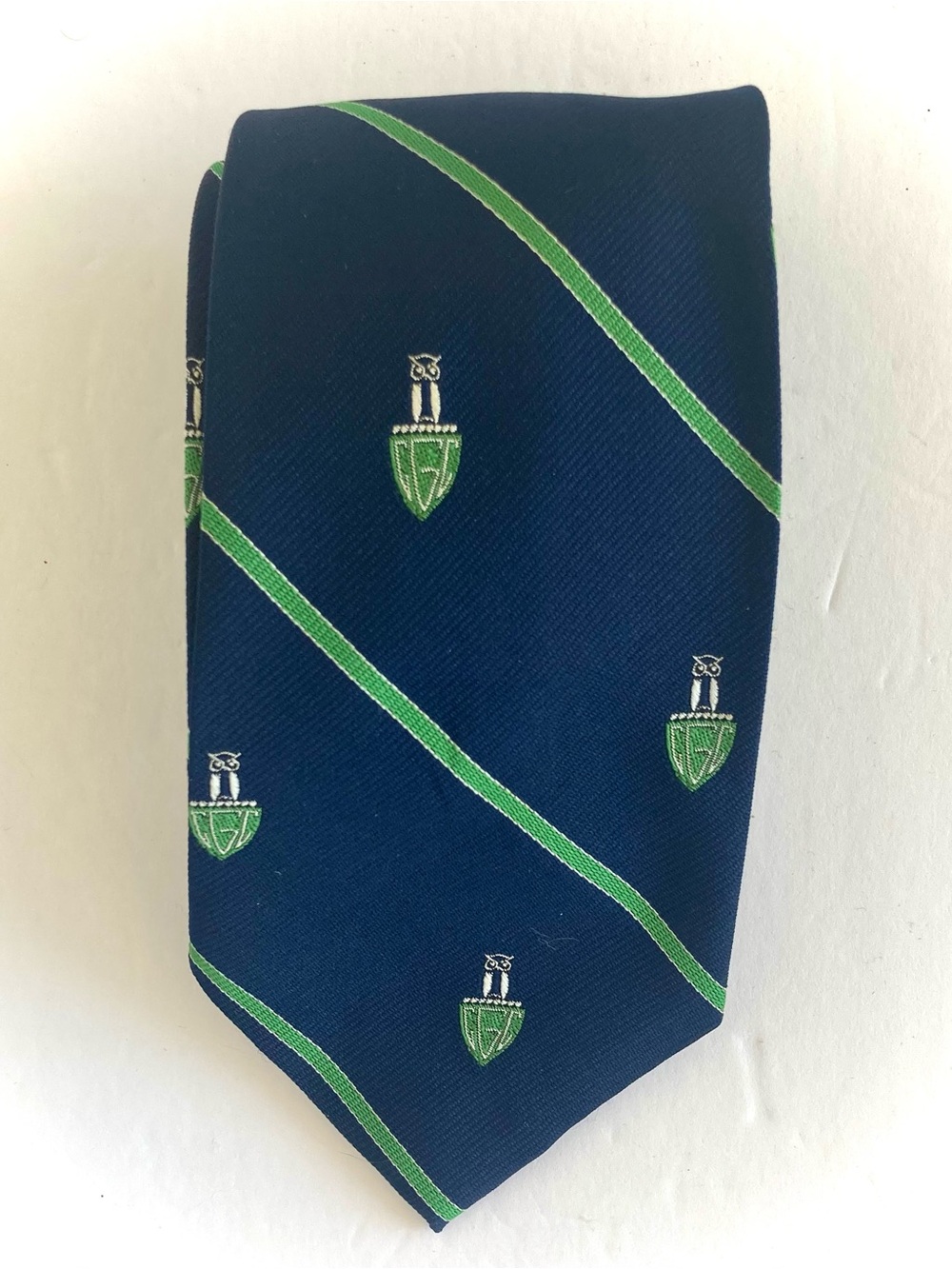 55” Navy and Green Striped Men's Owl Crest Tie WM Chelsea